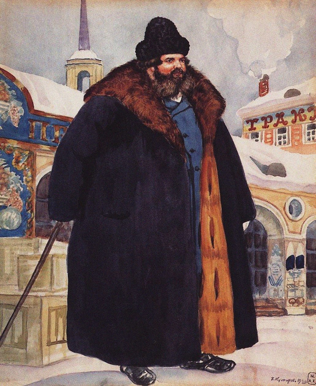 Kjøpmann i pels, 1920 av Boris Mikhailovich Kustodiev
