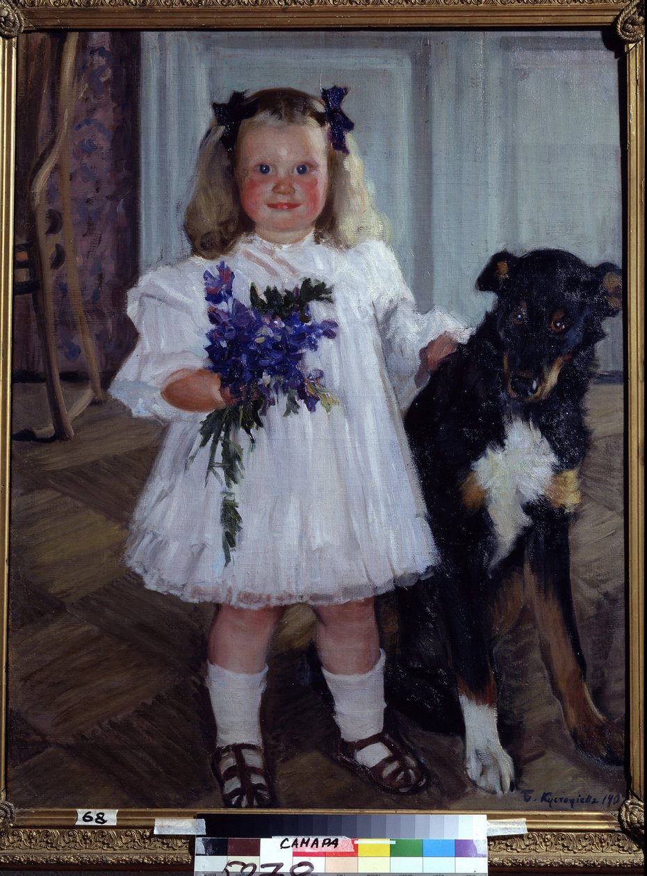 Portrett av datteren Irina med hunden Shumka. Maleri av Boris Michaylovich Kustodiev (Kustodiev) (1878-1927), olje på lerret av Boris Mikhailovich Kustodiev