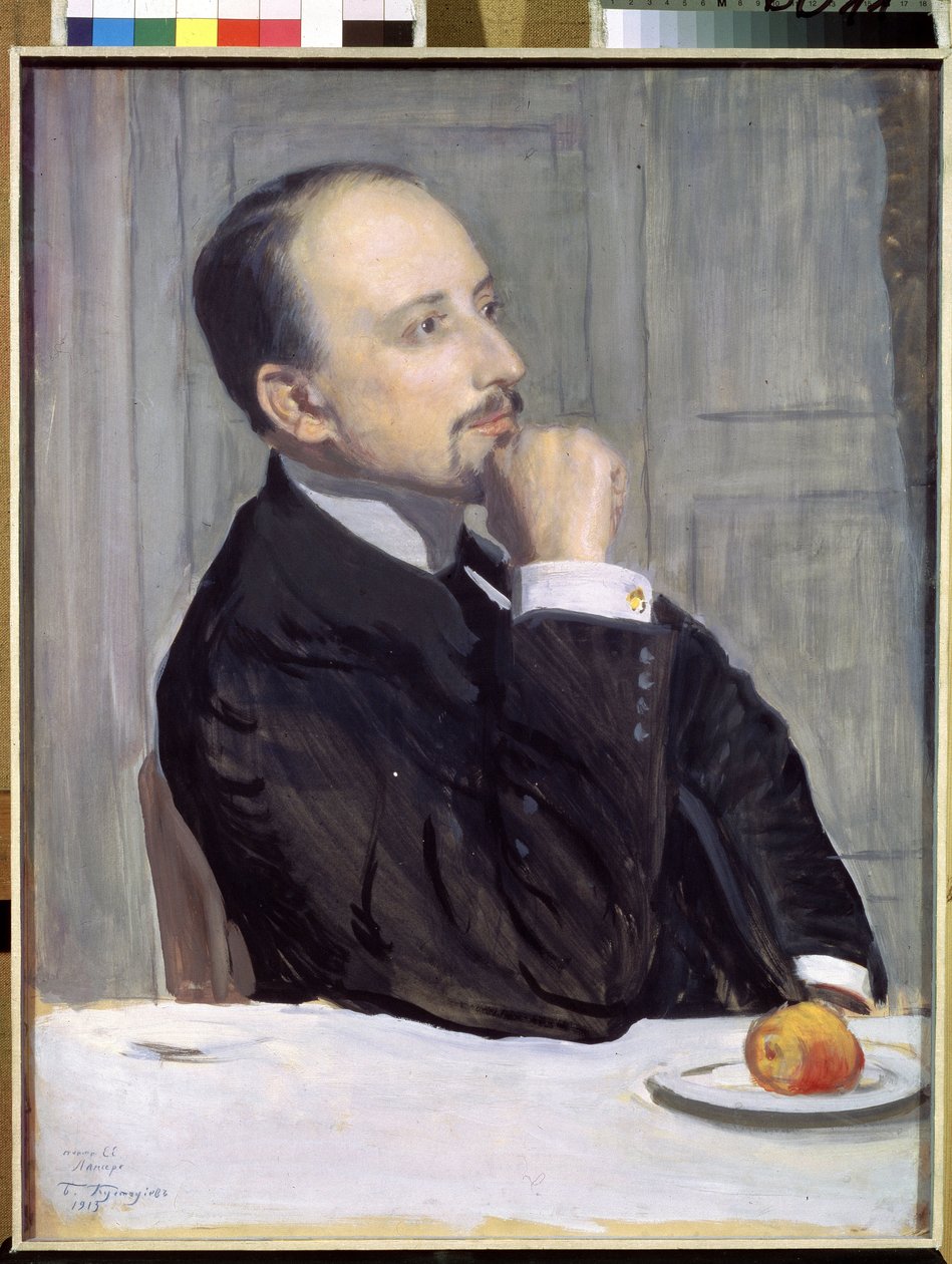 Portrett av kunstneren Evgeny Evgenyevich Lanceray (Eugene Lancere) (1875-1946) (Portrett av kunstneren E. Lanceray). Verk av Boris Michaylovich Kustodiev (Koustodiev) (1878-1927), tempera på papp av Boris Mikhailovich Kustodiev