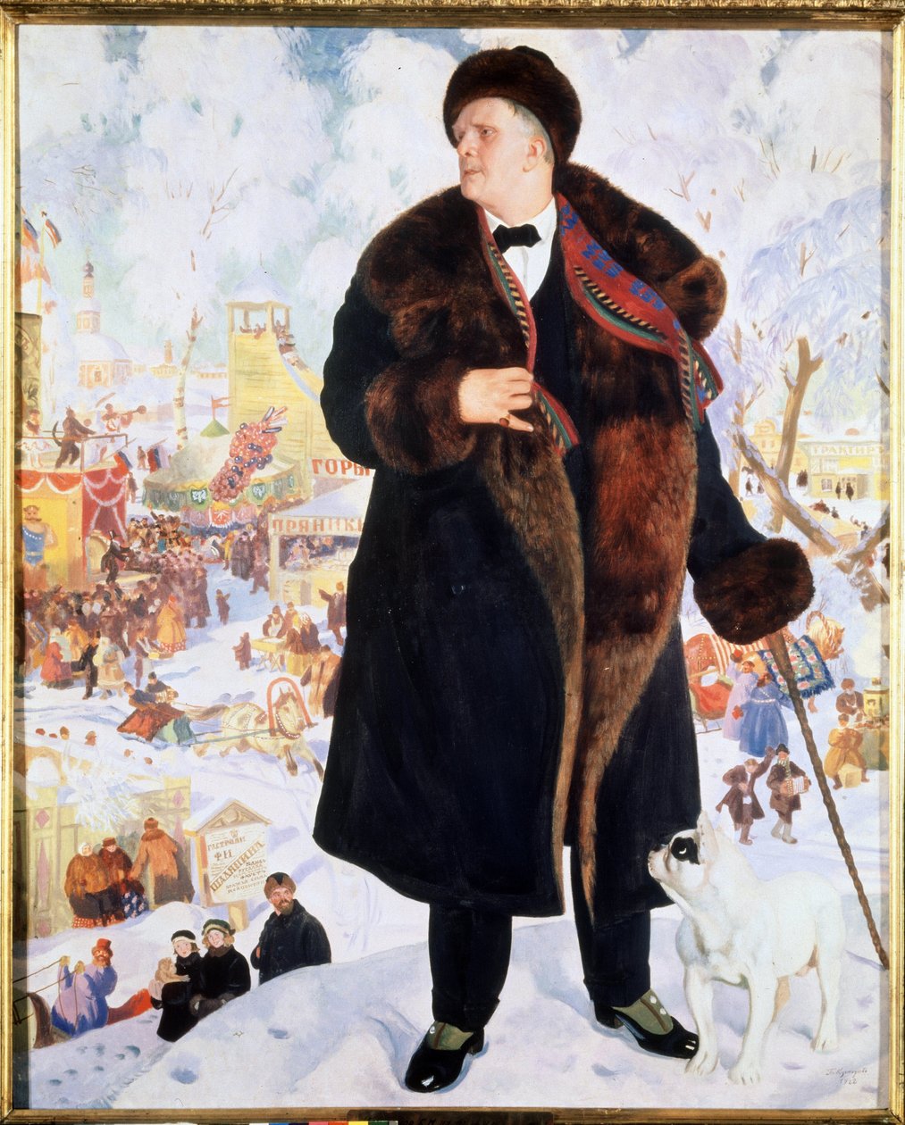 Portrett av sangeren Feodor (Fiodor, Fedor) I. Chaliapin (Chaliapin) (1873-1938) (Portrett av sangeren FIShalyapin). I en pels og hatt, akkompagnert av en bulldog som stirrer på ham, står sangeren stolt foran animasjonene til en av Boris Mikhailovich Kustodiev