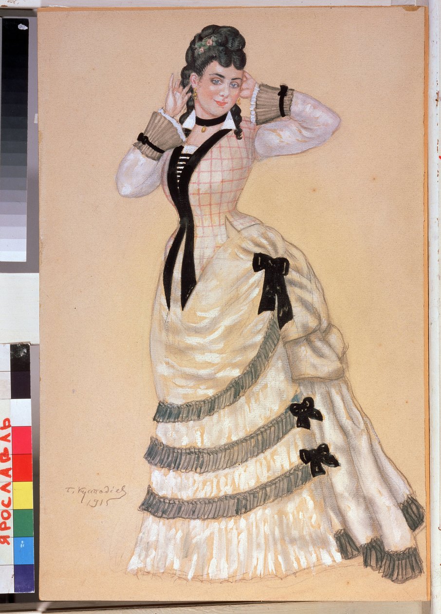 Kvinnelig kostymeprosjekt for teaterstykket Ulv og sauer av Alexandre Ostrovski (1823-1886) (Kostumedesign til teaterstykket Ulver og sauer av A. Ostrovsky). Verk av Boris Michaylovich Kustodiev (Koustodiev) (1878-1927), akvarell på kort av Boris Mikhailovich Kustodiev