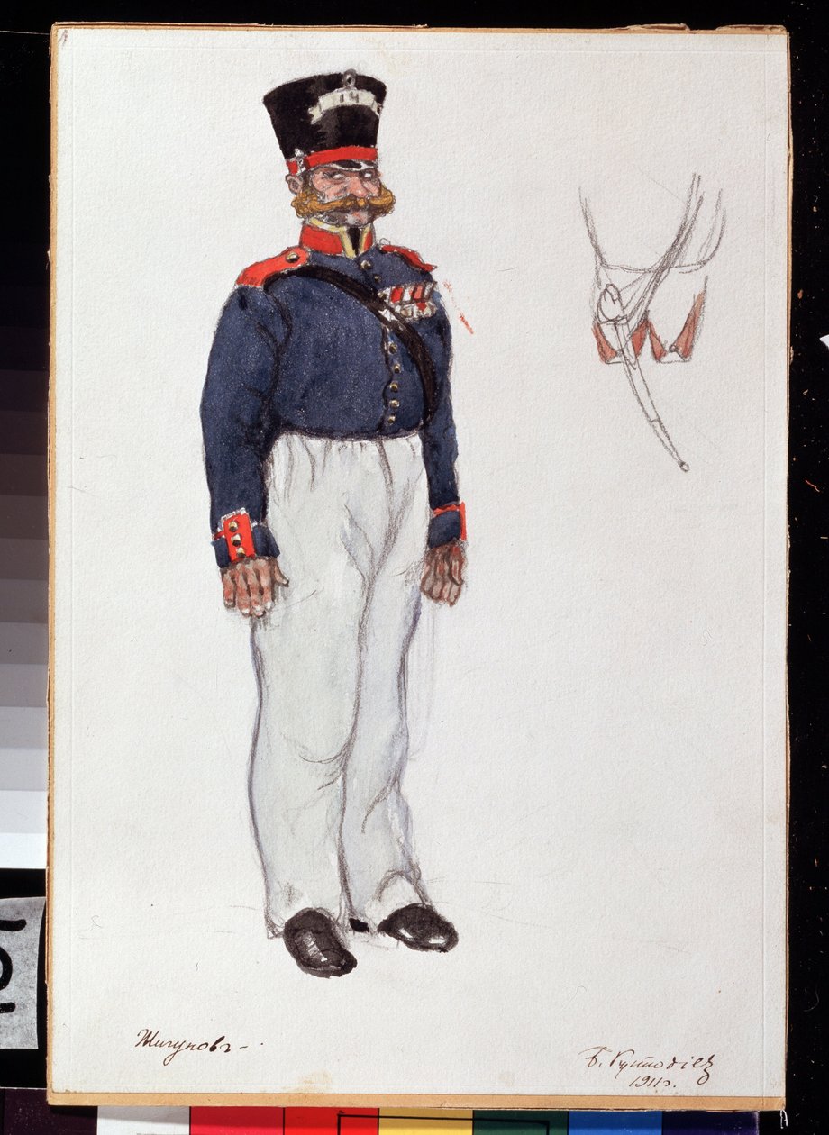 Kostymedesign til teaterstykket Coeur ardent av Alexandre Ostrovski (1823-1886) (Kostumedesign til teaterstykket Fiery Heart av A. Ostrovsky). Verk av Boris Michaylovich Kustodiev (Koustodiev) (1878-1927), blyant og akvarell på papir av Boris Mikhailovich Kustodiev