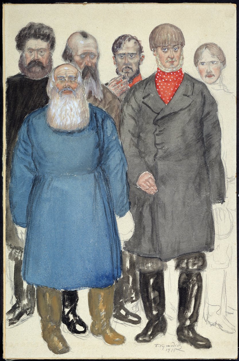 Kostymedesign til teaterstykket Wolves and Sheeps av Alexandre Ostrovsky (1823-1886) (Kostumedesign til teaterstykket Wolfs and Sheeps av A. Ostrovsky). Verk av Boris Michaylovich Kustodiev (Koustodiev) (1878-1927), akvarell på papir av Boris Mikhailovich Kustodiev