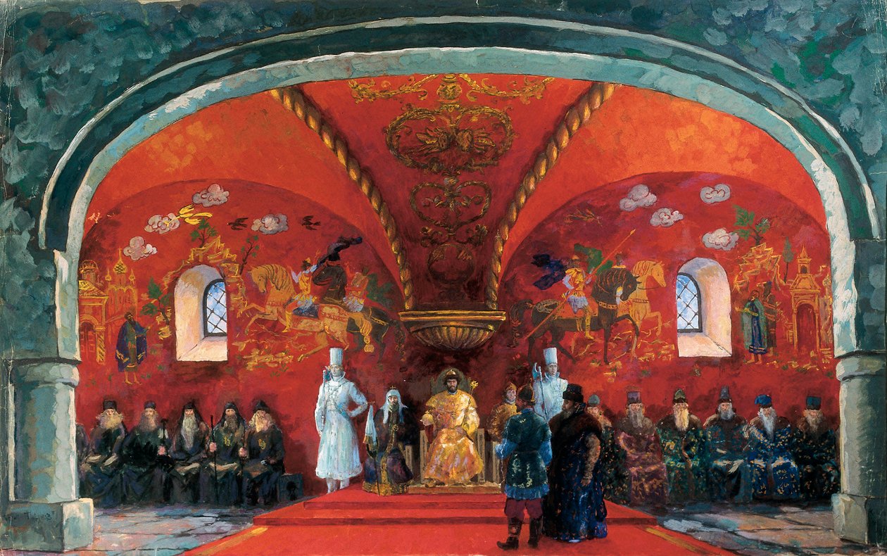 Representasjon av Boris Fyodorovich Godunov (1551-1605), tsar av Russland, dekor for teaterstykket "Boris Godunov" av Alexander Sergeyevich Pushkin (olje på lerret) av Boris Mikhailovich Kustodiev