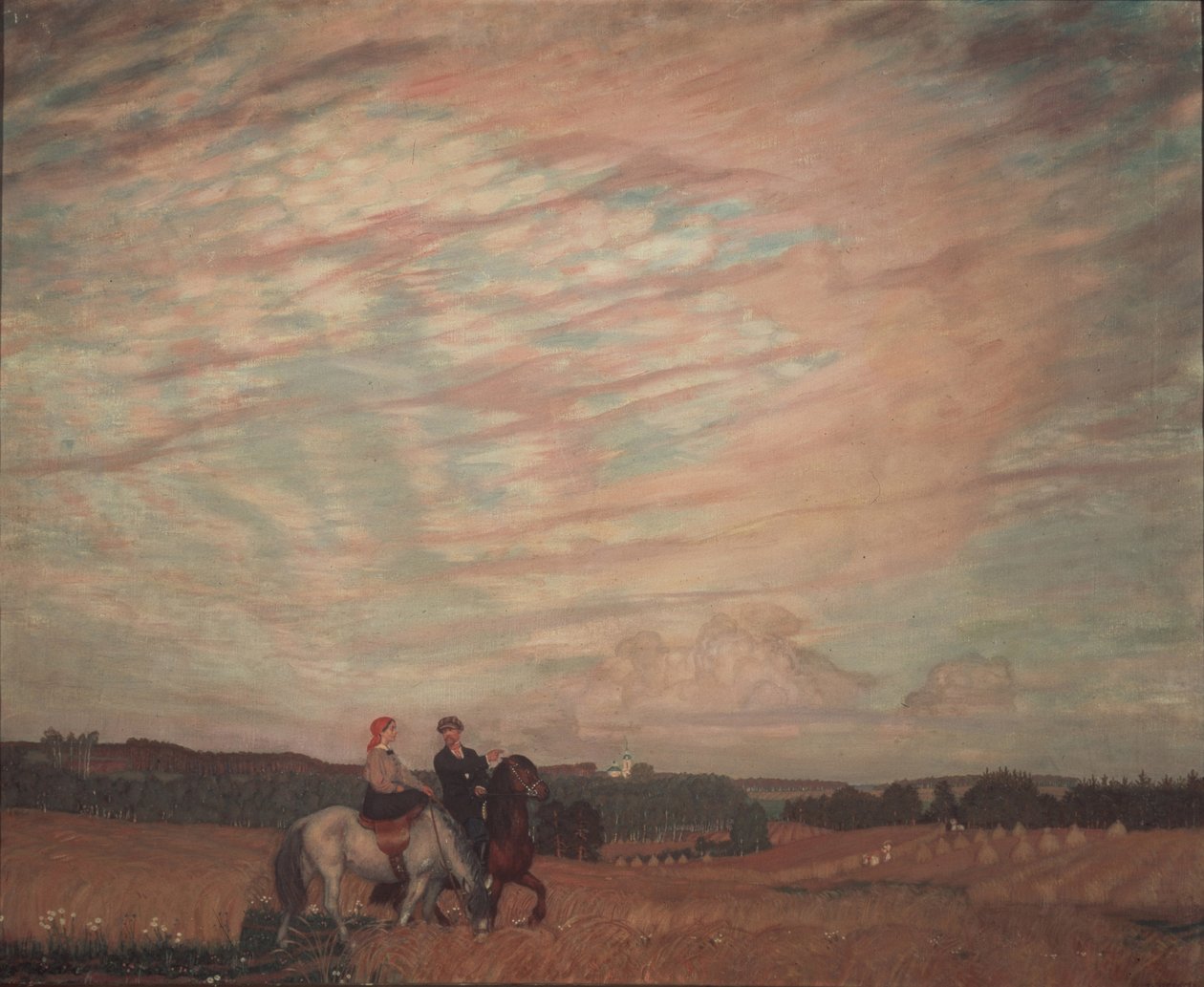 Selvportrett med kona til hest, 1915 av Boris Mikhailovich Kustodiev