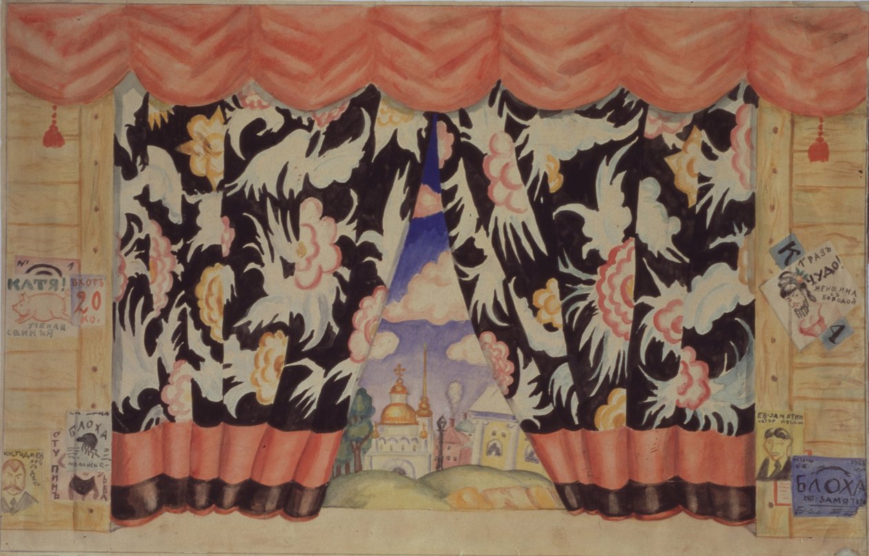 Skisse av gardin for teaterstykket Loppen av E. Zamyatin, 1925-1926 av Boris Mikhailovich Kustodiev