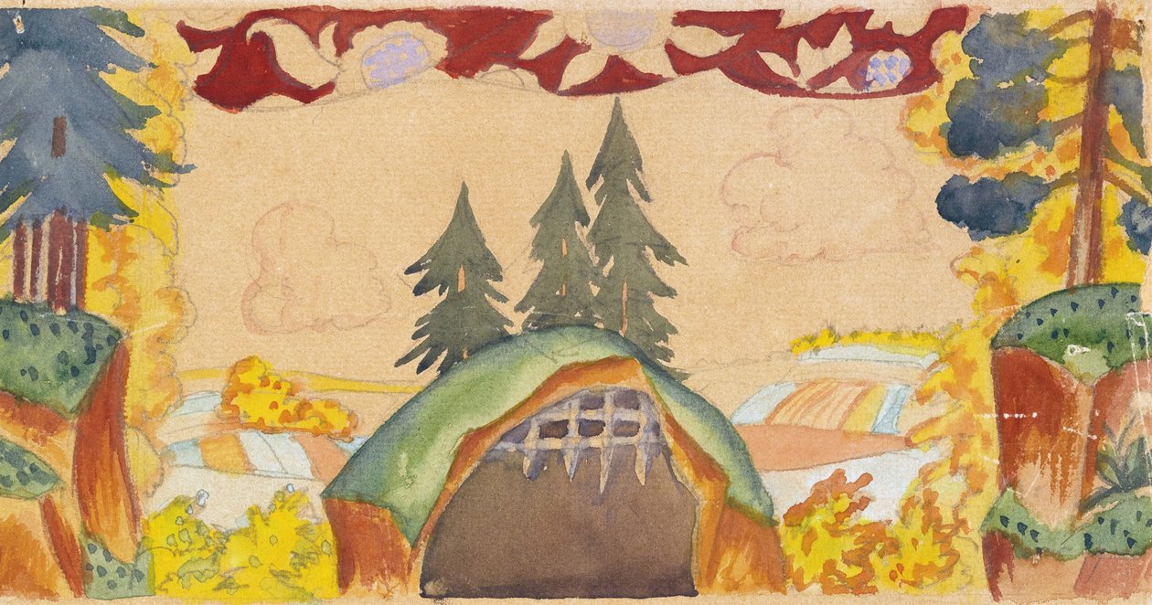 Scenedesign for operaen The Golden Cockerel av N. Rimsky-Korsakov, 1927 av Boris Mikhailovich Kustodiev