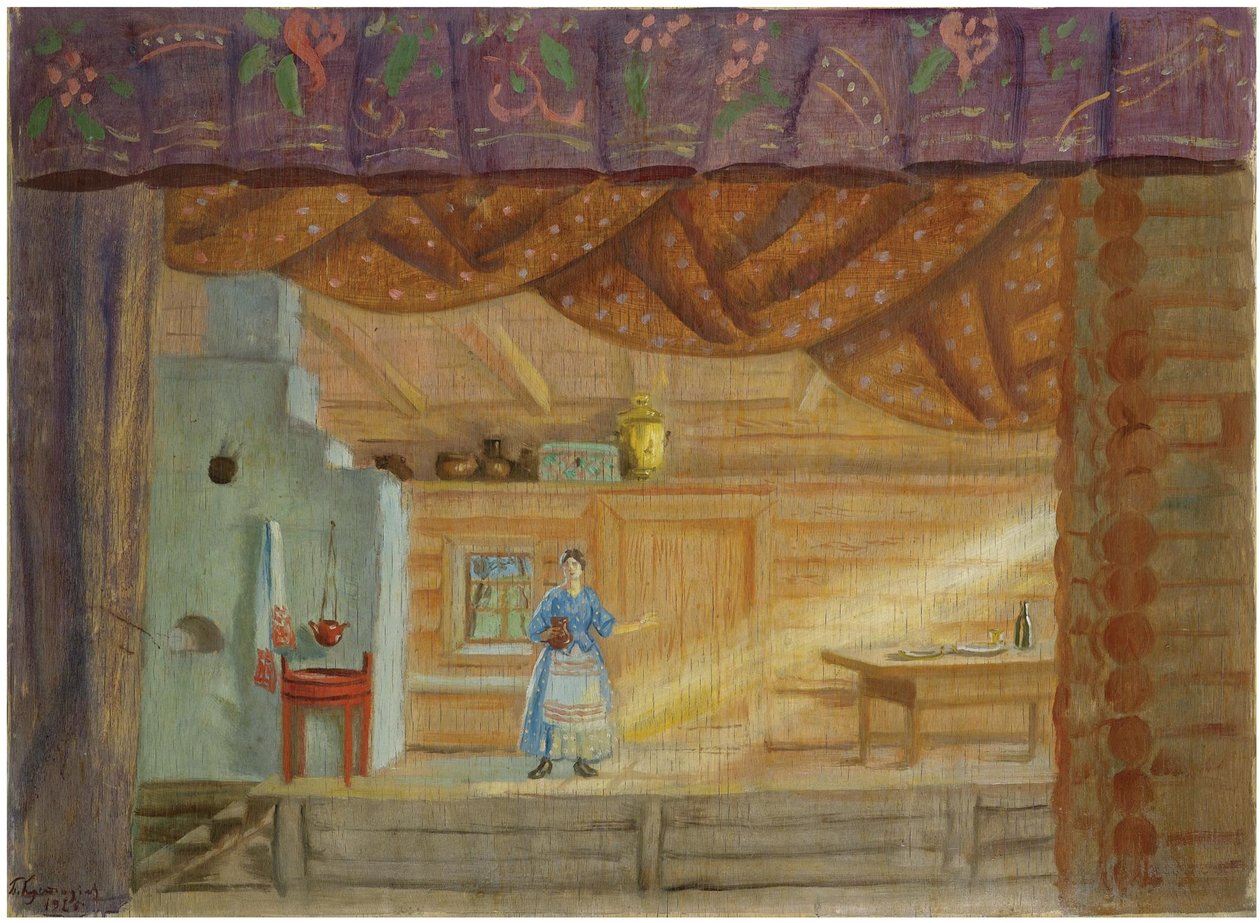 Scenedesign for stykket Virineya av Lidia Seyfullina, 1925 av Boris Mikhailovich Kustodiev