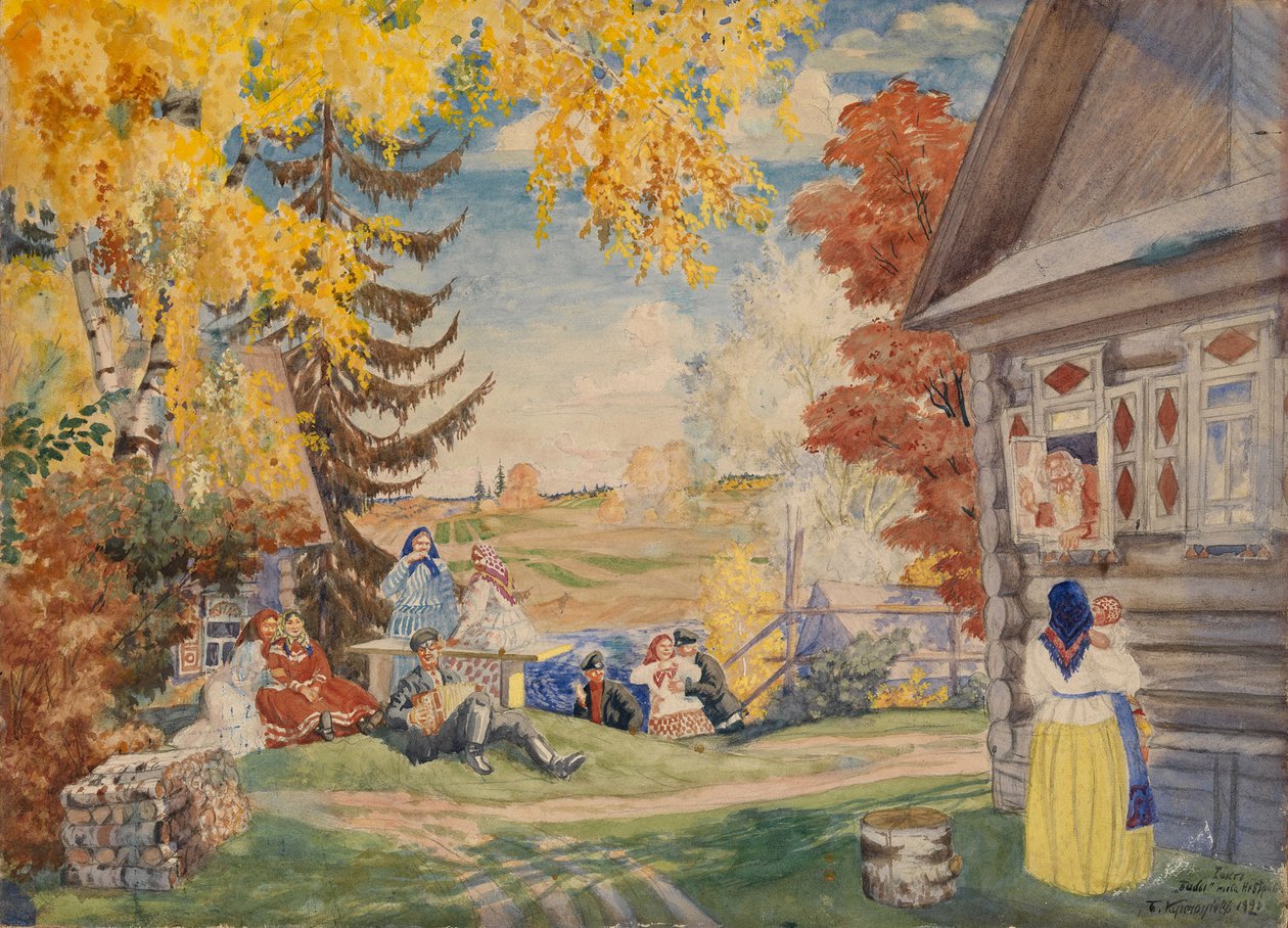 Scenedesign for teaterstykket Peasant Women av Alexander Neverov, 1920 av Boris Mikhailovich Kustodiev