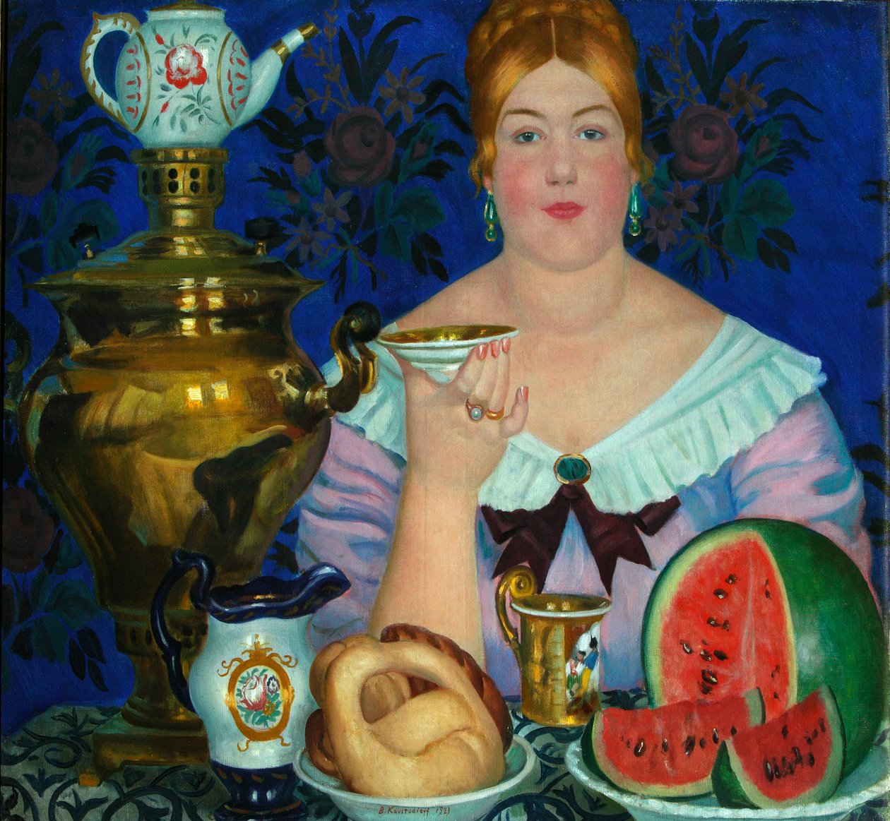 The Merchants Wife drikker te, 1923 av Boris Mikhailovich Kustodiev