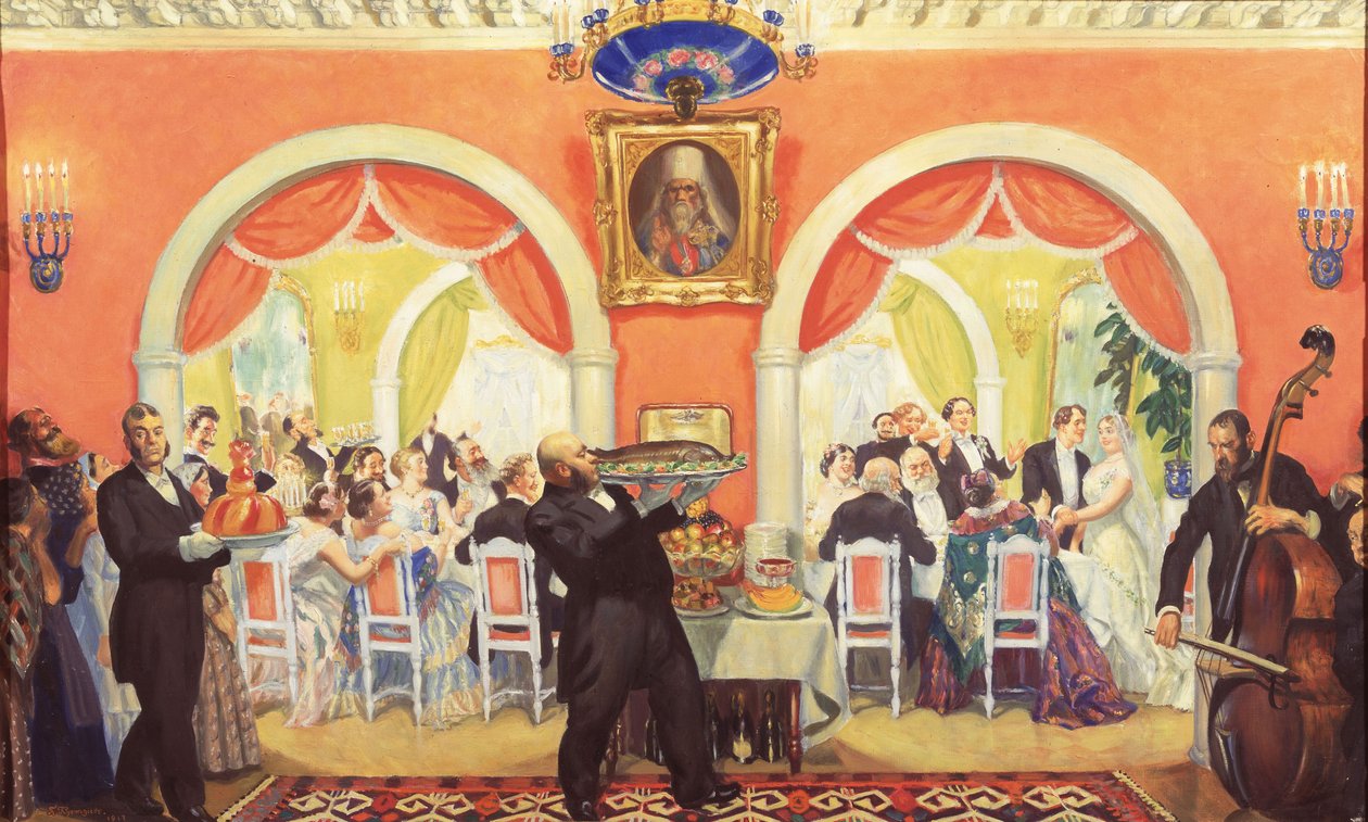 Bryllupsfesten, 1917 av Boris Mikhailovich Kustodiev