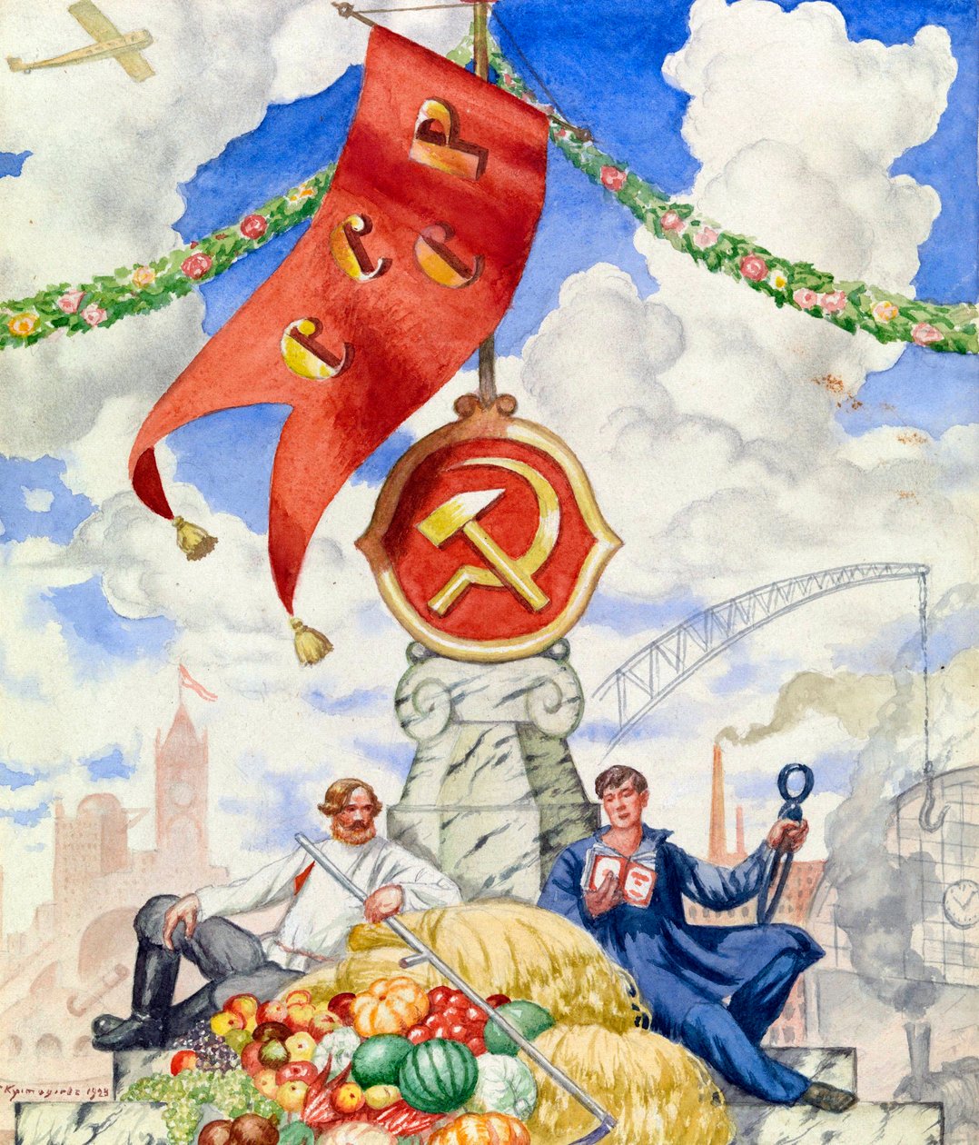 ""Arbeider og bonde forent under det kommunistiske flagget"" Propagandaplakat av Boris Michaylovich Kustodiev (1878-1927) 1923 Dim 27x23 cm Privat samling av Boris Mikhailovich Kustodiev