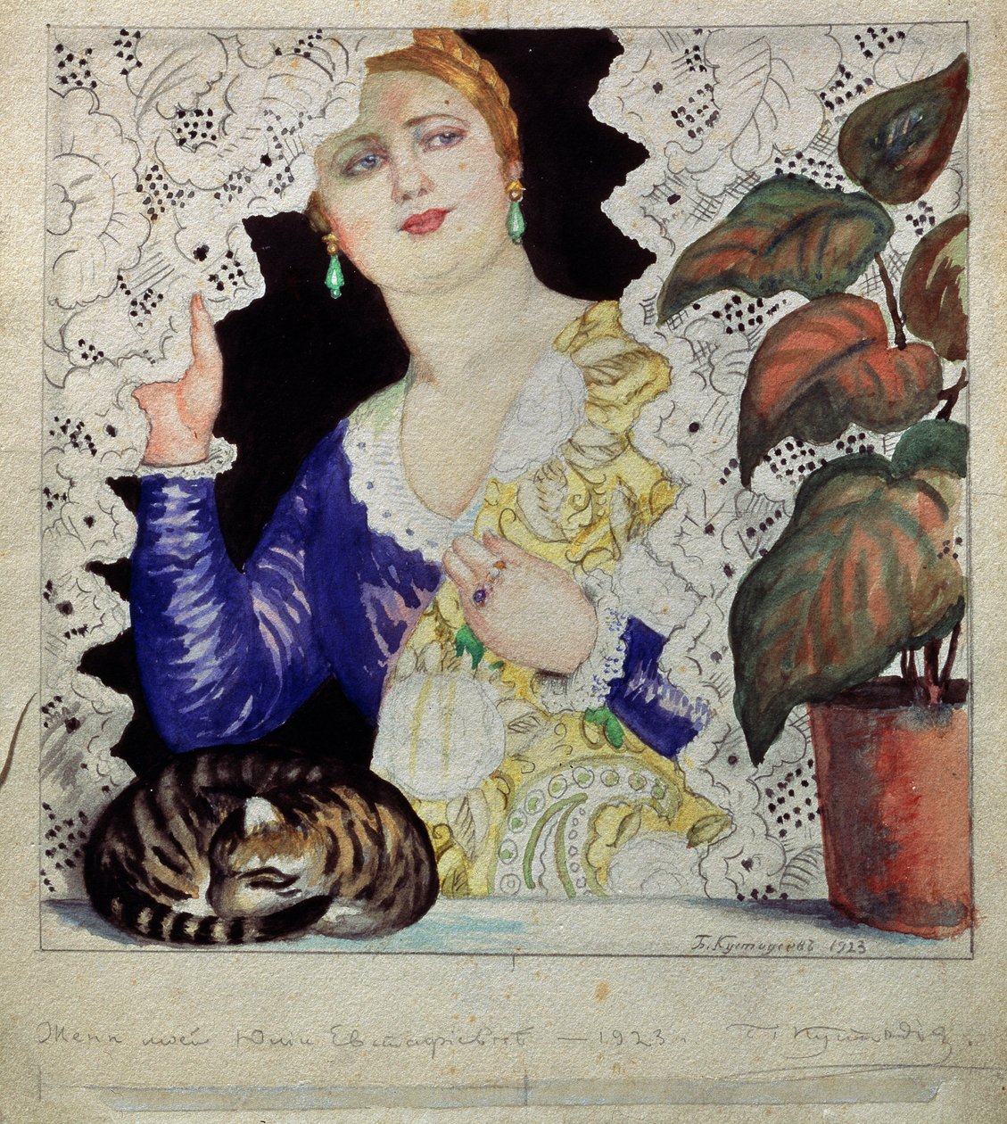 Une femme russe a sa fenetre (En russisk jente ved vinduet). En lyshåret, velstelt kvinne (kjole, smykker, sjal og lokke) skyver blondegardinen fra vinduet sitt. På kanten ruller en grønn plante og en katt i en ball. Verk av Boris Michaylovich Kus av Boris Mikhailovich Kustodiev