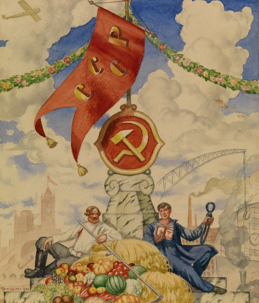 Arbeider og bonde, 1923 av Boris Mikhailovich Kustodiev