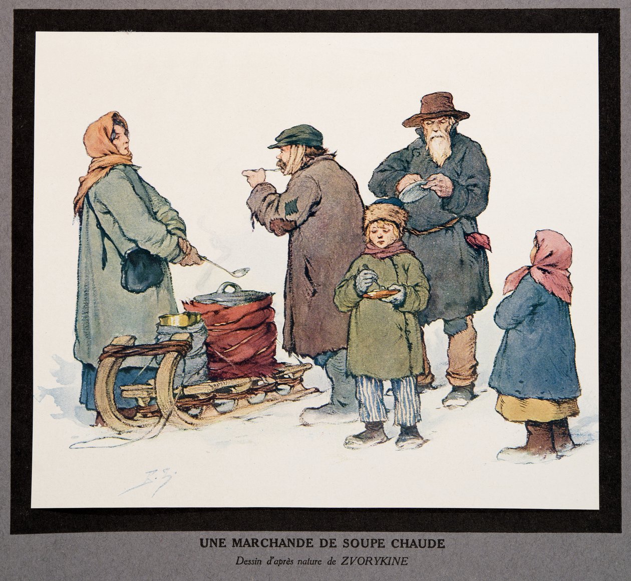 En varm suppeselger, fra Histoire des Soviets, pub. 1922 (farge litho) av Boris Vasilievich Zvorykin