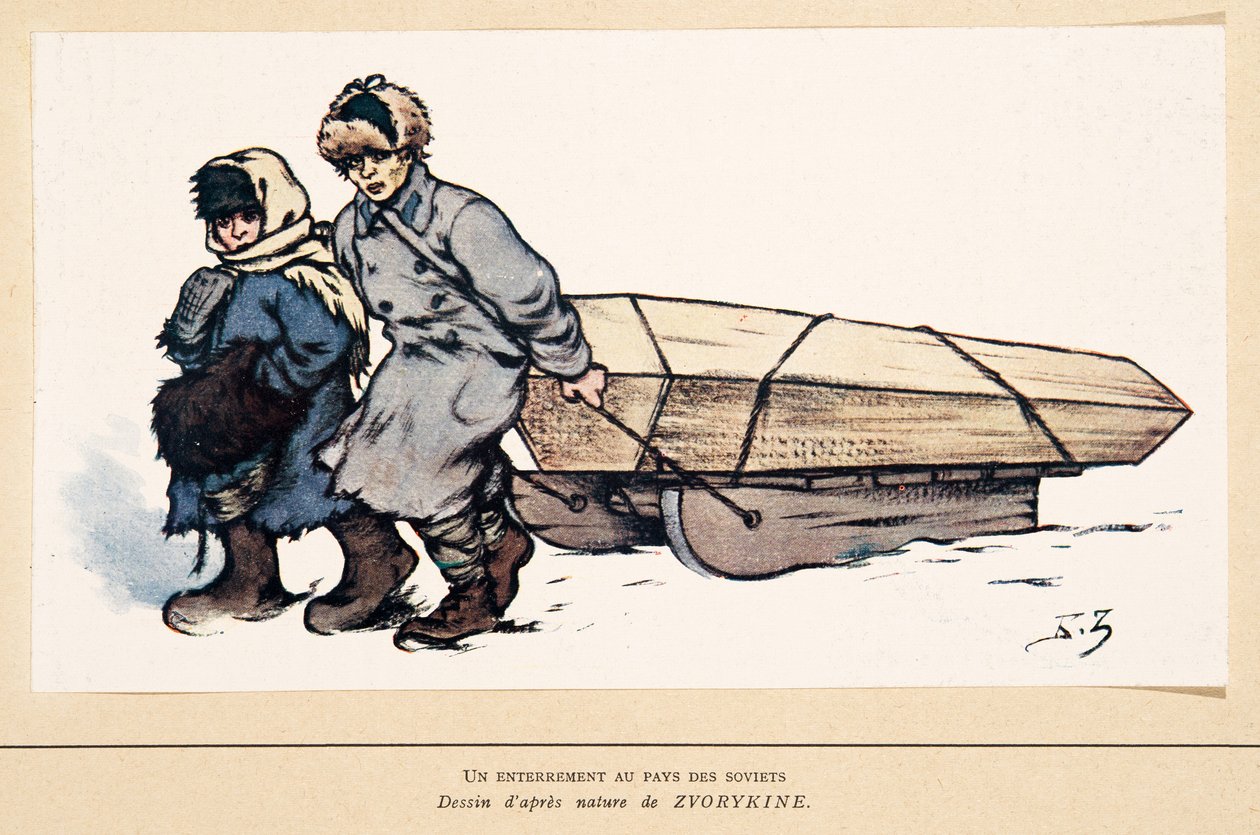 En begravelse i Russland, fra Histoire des Soviets, pub. 1922 (farge litho) av Boris Vasilievich Zvorykin