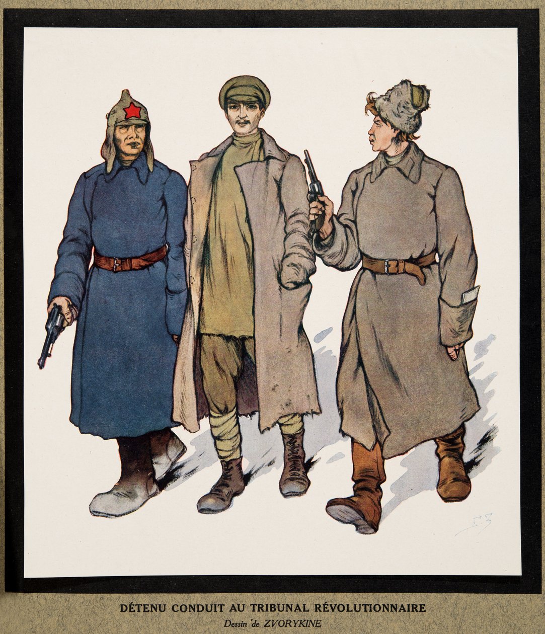Fange blir ført til en revolusjonsdomstol; fra Histoire des Soviets, pub. 1922 (farge litho) av Boris Vasilievich Zvorykin