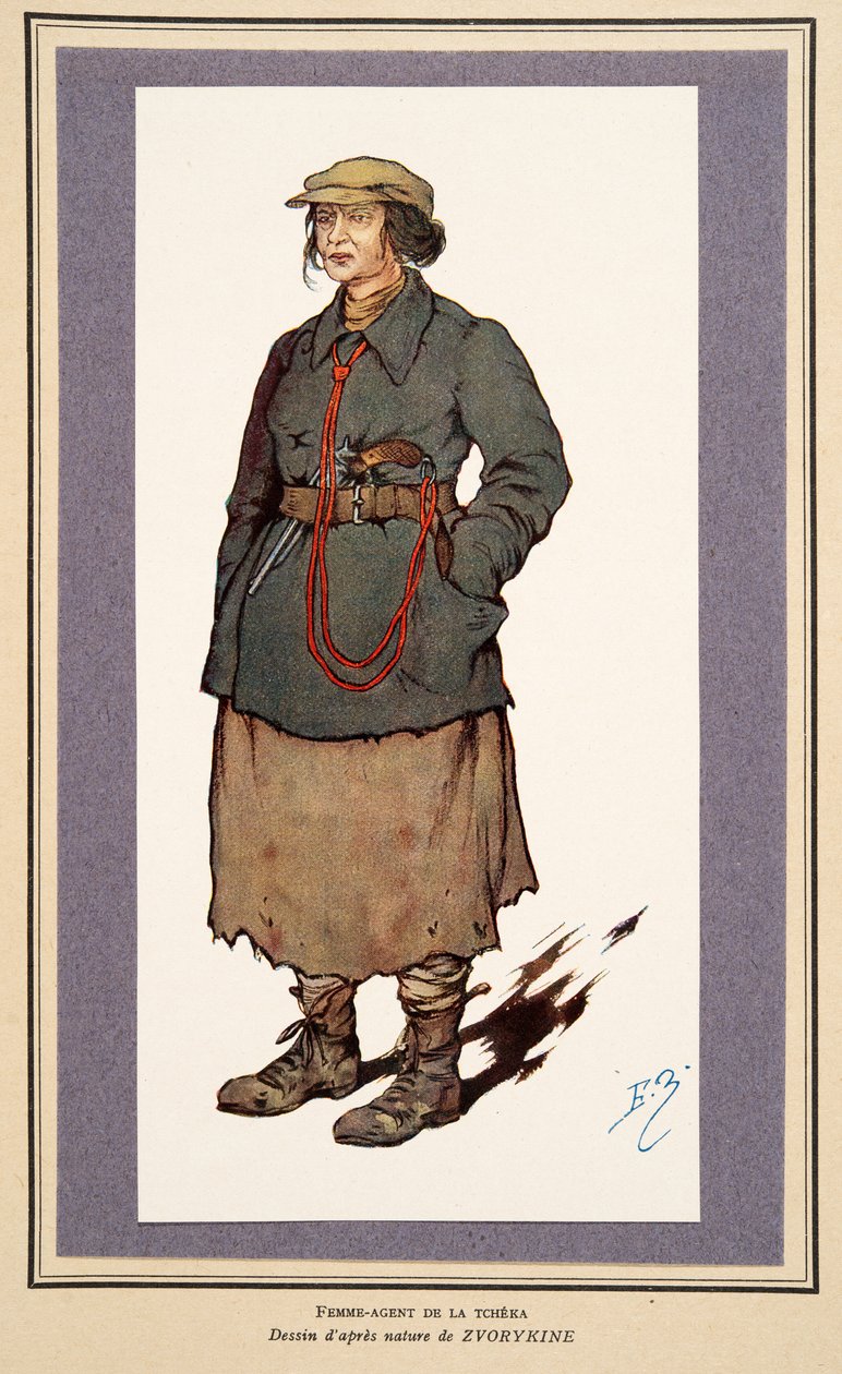 Kvinnelig hemmelig agent fra Histoire des Soviets, pub. 1922 (farge litho) av Boris Vasilievich Zvorykin