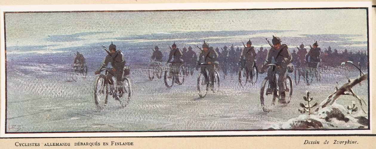 tyske syklister som ankommer Finland; fra Histoire des Soviets, pub. 1922 (farge litho) av Boris Vasilievich Zvorykin