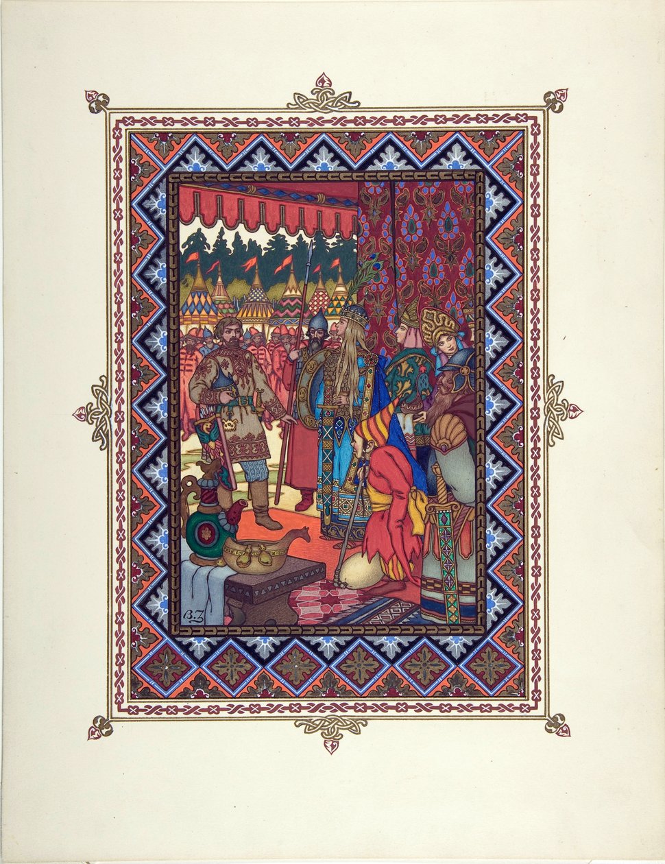 Illustrasjon til eventyret Marya Morevna (Maria des mers) av Zvorykin, Boris Vasilievich (1872-etter 1935), ca. 1925 - Fargelitografi, 27,3x20,5 - Privat samling av Boris Vasilievich Zvorykin