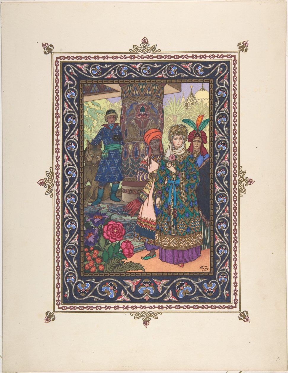 Illustrasjon for eventyret om Ivan Tsarevich, Ildfuglen og den grå ulven, ca. 1925 av Boris Vasilievich Zvorykin