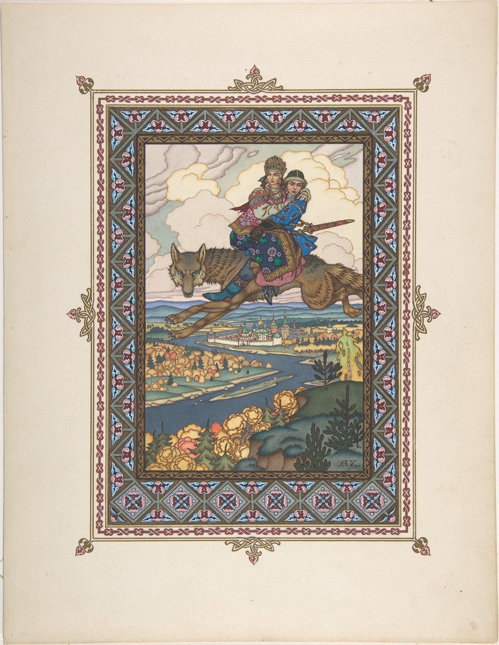 Illustrasjon for eventyret om Ivan Tsarevich, Ildfuglen og den grå ulven, ca. 1925 av Boris Vasilievich Zvorykin