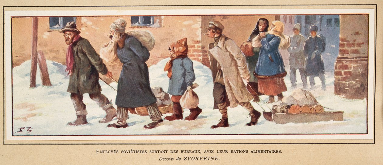 Sovjetiske arbeidere forlater kontoret med matrasjonene sine, fra Histoire des Soviets, pub. 1922 (farge litho) av Boris Vasilievich Zvorykin