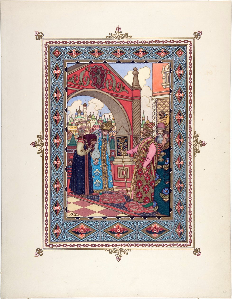 Vassilissa la Belle (Vassilissa la tres Belle) - Illustrasjon for eventyret Vasilisa den vakre par Zvorykin, Boris Vasilievich (1872-etter 1935), ca. 1925 - Fargelitografi, 27,3x20,5 - Privat samling av Boris Vasilievich Zvorykin