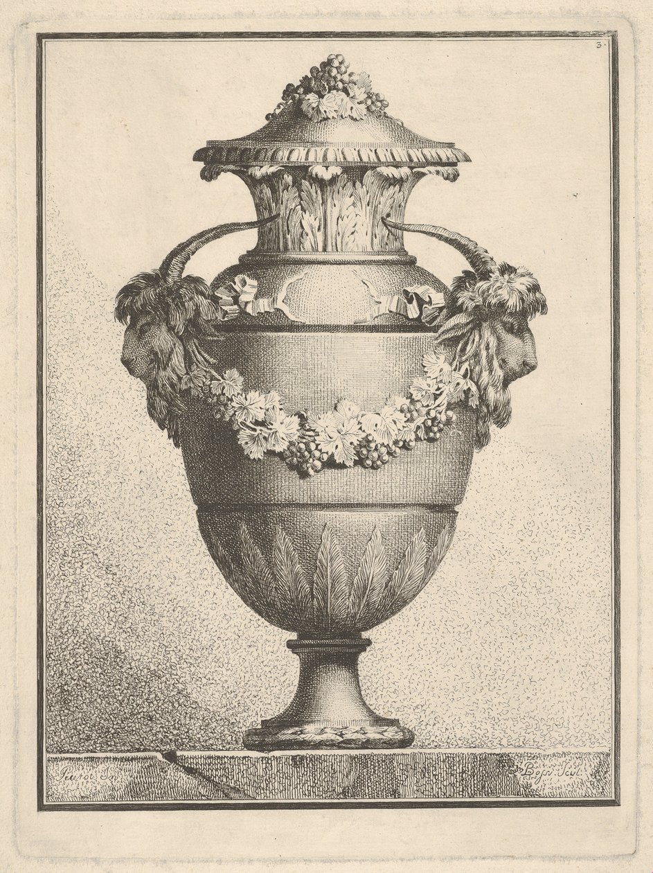 Design for en dekket vase med to geitehoder og en krans, 1764. av Bossi
