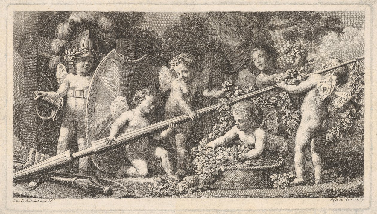 Seks putti leker med armene til Mars, fire holder fast i en stor lanse, en til venstre ..., 1769. av Bossi