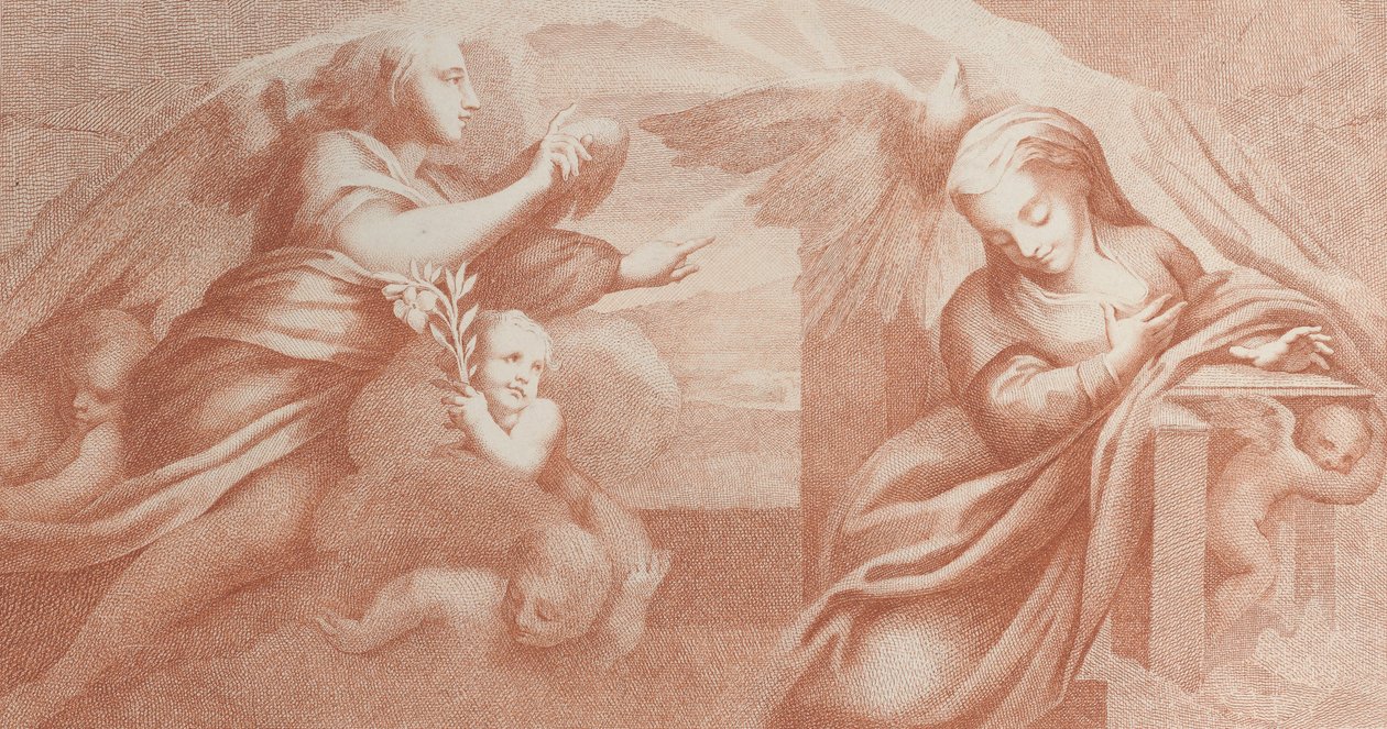 Bebudelsen, med Gabriel til venstre og Jomfruen til høyre, 1784. av Bossi