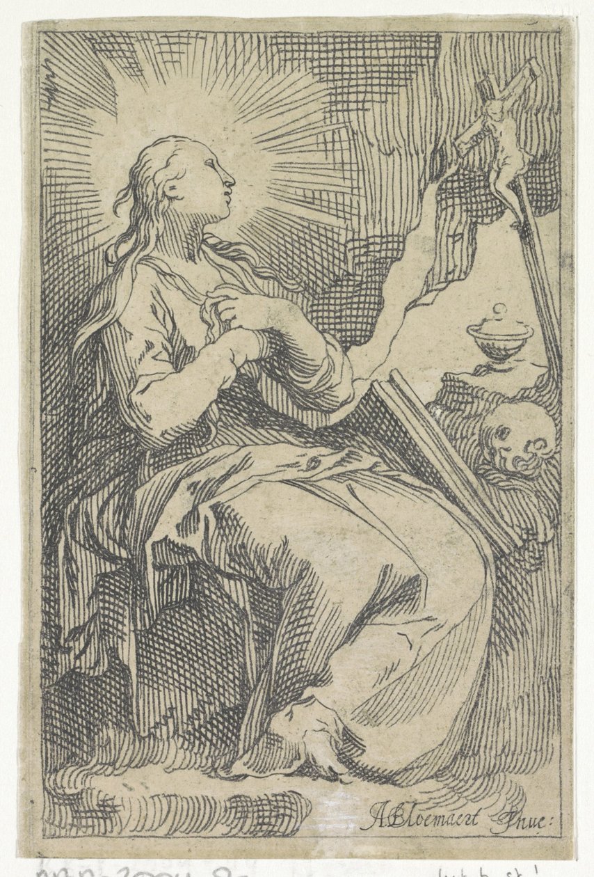 Anger Maria Magdalena i hulen foran et krusifiks av Boëtius Adamsz. Bolswert