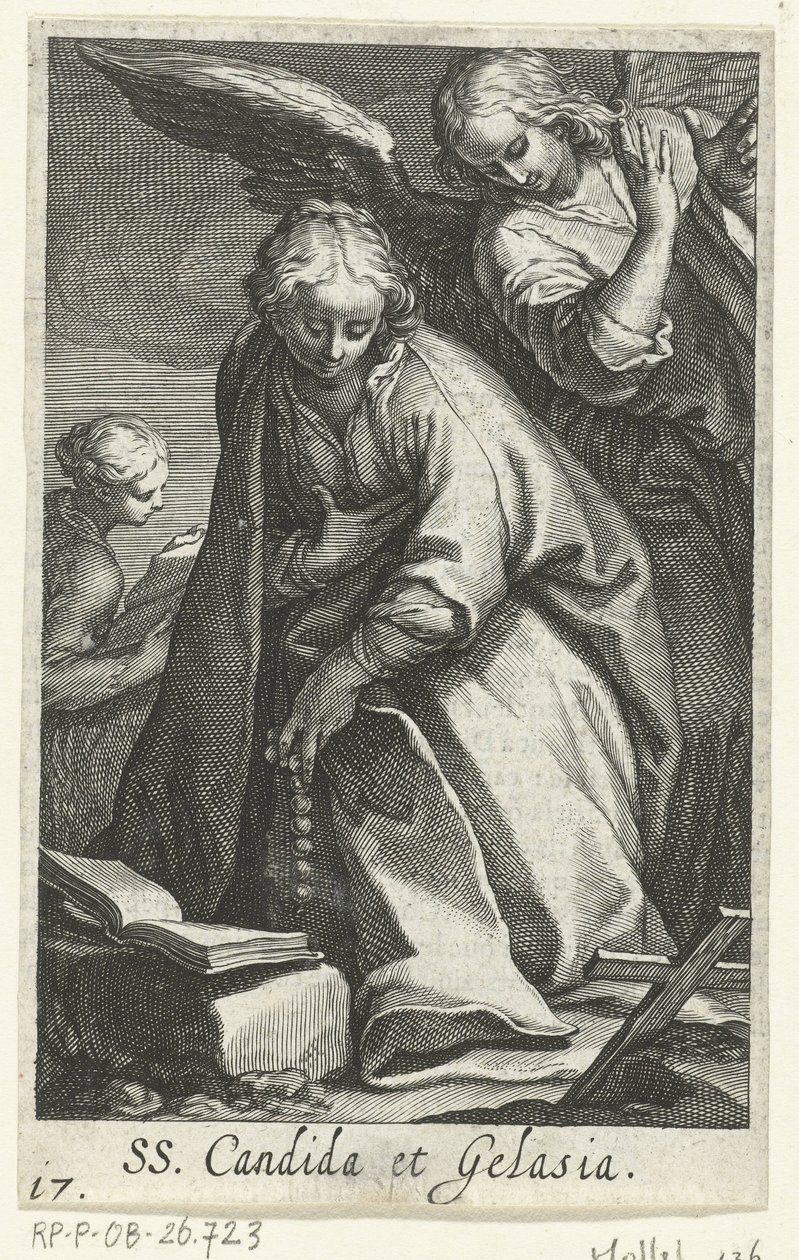 Saint Candida og Saint Gelasia som eremitter med engel SS. Candida et Gelasia (tittel på objekt) Eremittinner (serietittel) Sacra Eremus Ascetriarum (serietittel) av Boëtius Adamsz. Bolswert