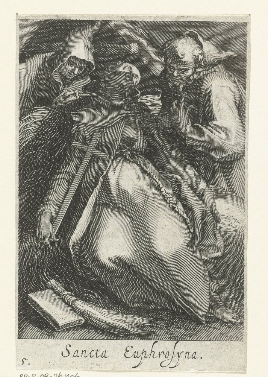 Saint Euphrosina av Alexandria som eremittinne Sancta Euphrosyna (tittel på objekt) Eremittinner (serietittel) Sacra Eremus Ascetriarum (serietittel) av Boëtius Adamsz. Bolswert