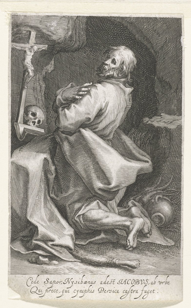 Heilige Jacobus van Nisibis er kluizenaar Gi opp smaken av Nysibaenus (...) Persica flykter fra leiren (tittel på objekt) Kluizenaars (serietittel) Ved det hellige speilet (...) gir fedrene vinger (serietittel) av Boëtius Adamsz. Bolswert