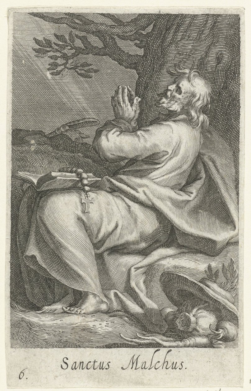 Saint Malchus av Chalcis som eremitt Sanctus Malchus (tittel på objekt) Eremitter (serietittel) Sacra eremvs ascetarvm (serietittel) av Boëtius Adamsz. Bolswert