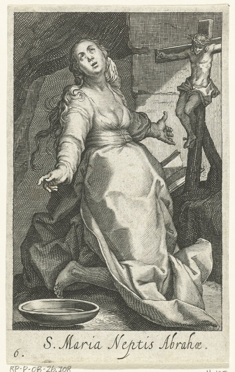 Heilige Maria als kluizenares S. Maria Neptis Abrahae (tittel på objekt) Kluizenaressen (serietittel) Sacred Hermitage of Ascetriarum (serietittel) av Boëtius Adamsz. Bolswert