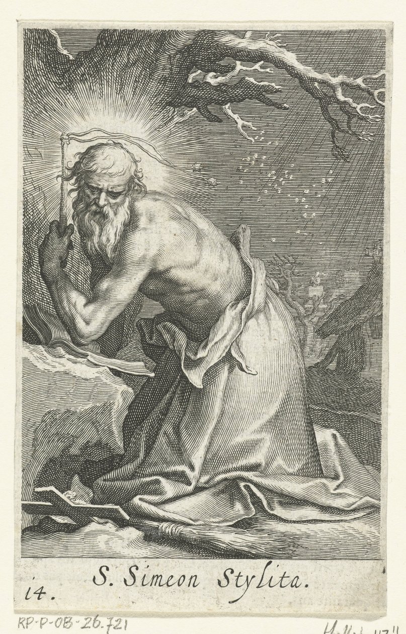 Saint Simeon stilitter den eldste som en eremitt S. Simeon Stylita (tittel på objekt) Eremitter (serietittel) Sacra eremvs ascetarvm (serietittel) av Boëtius Adamsz. Bolswert