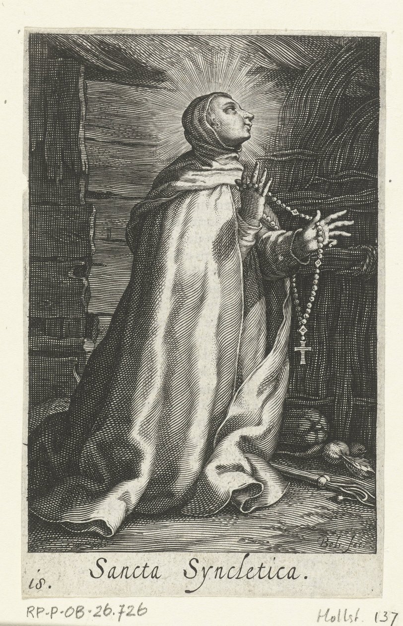 Saint Syncletica av Alexandria som eremittinne Sancta Syncletica (tittel på objekt) Eremittinner (serietittel) Sacra Eremus Ascetriarum (serietittel) av Boëtius Adamsz. Bolswert
