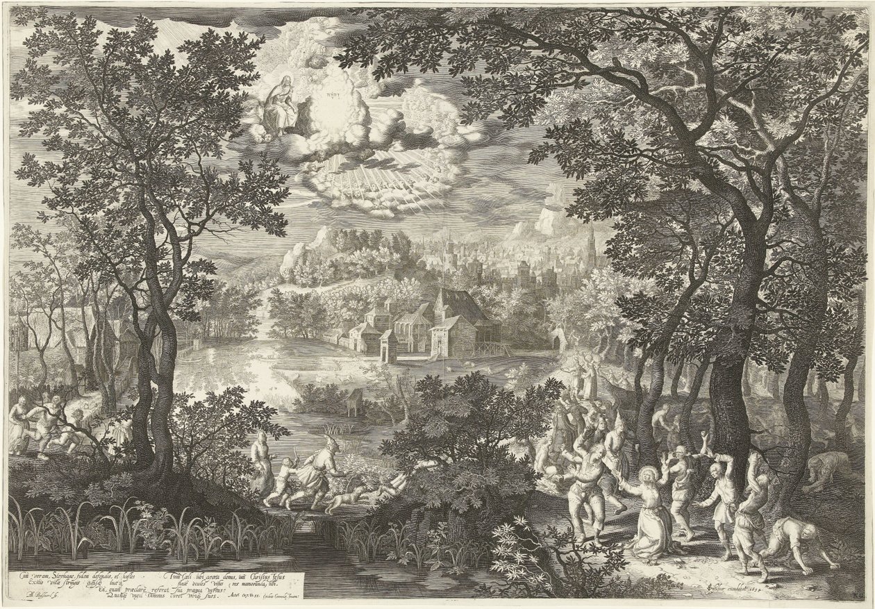 Landskap med Martyrium of Saint Stephen av Boëtius Adamsz. Bolswert