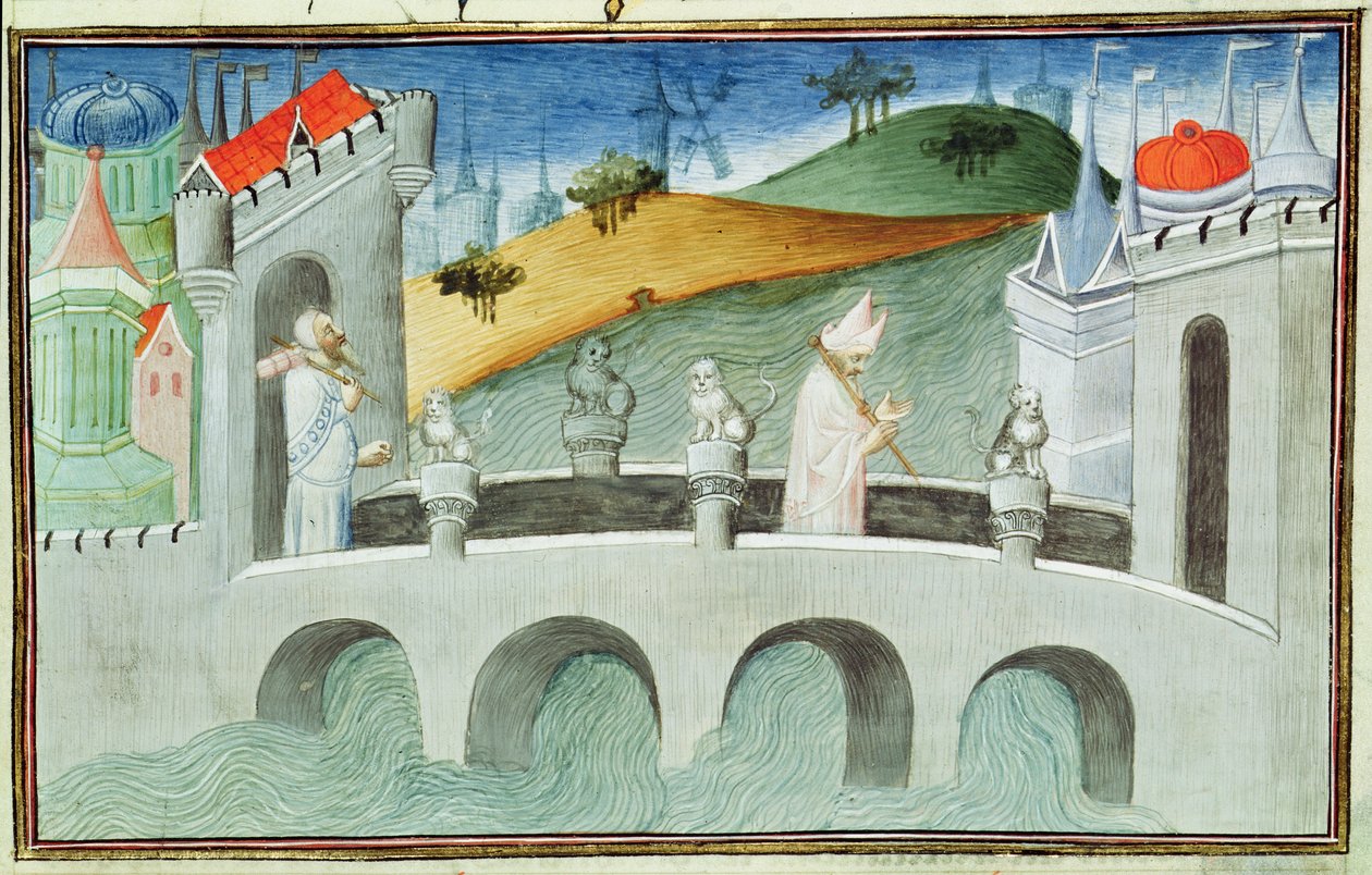 Ms 2810 f.49, Broen over Lou-Keou, en provins nær Peking, fra 'Livre des Merveilles du Monde', ca. 1410-12 (tempera på vellum) av Boucicaut Master