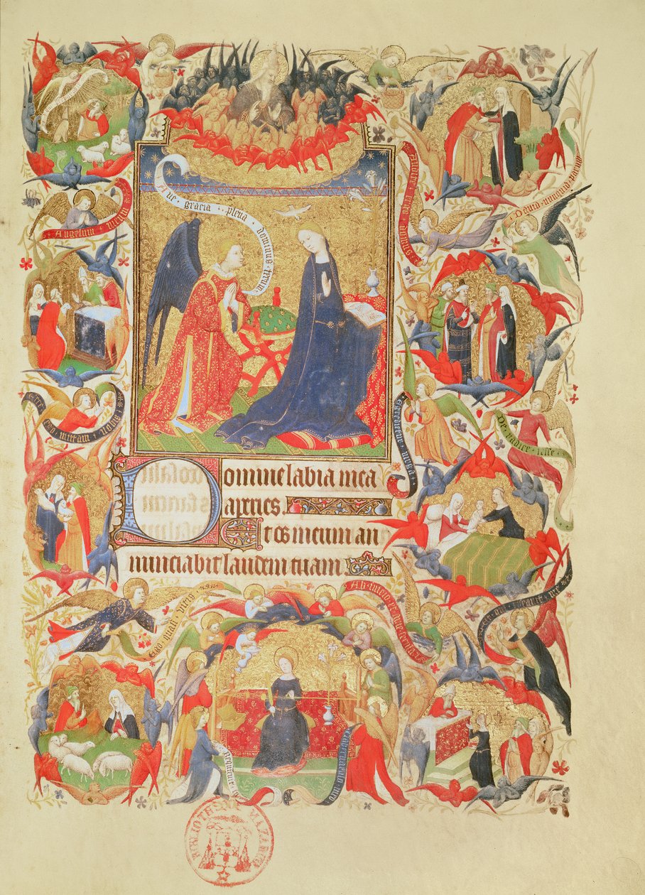 Ms 469 f.13 Bebudelse med episoder fra Jomfruens liv av Boucicaut Master