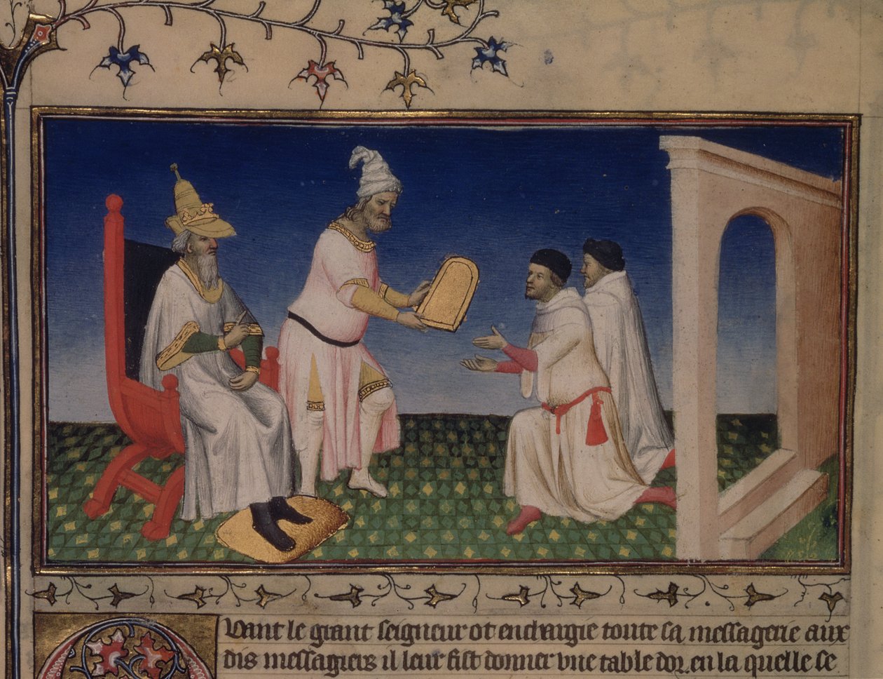 Fr 2810 f.3v, Kublai Khan gir Nicolo og Marco Polo trygg oppførsel til Peking, med sitt gyldne segl til Polos ved Cambaluc i 1292, fra 