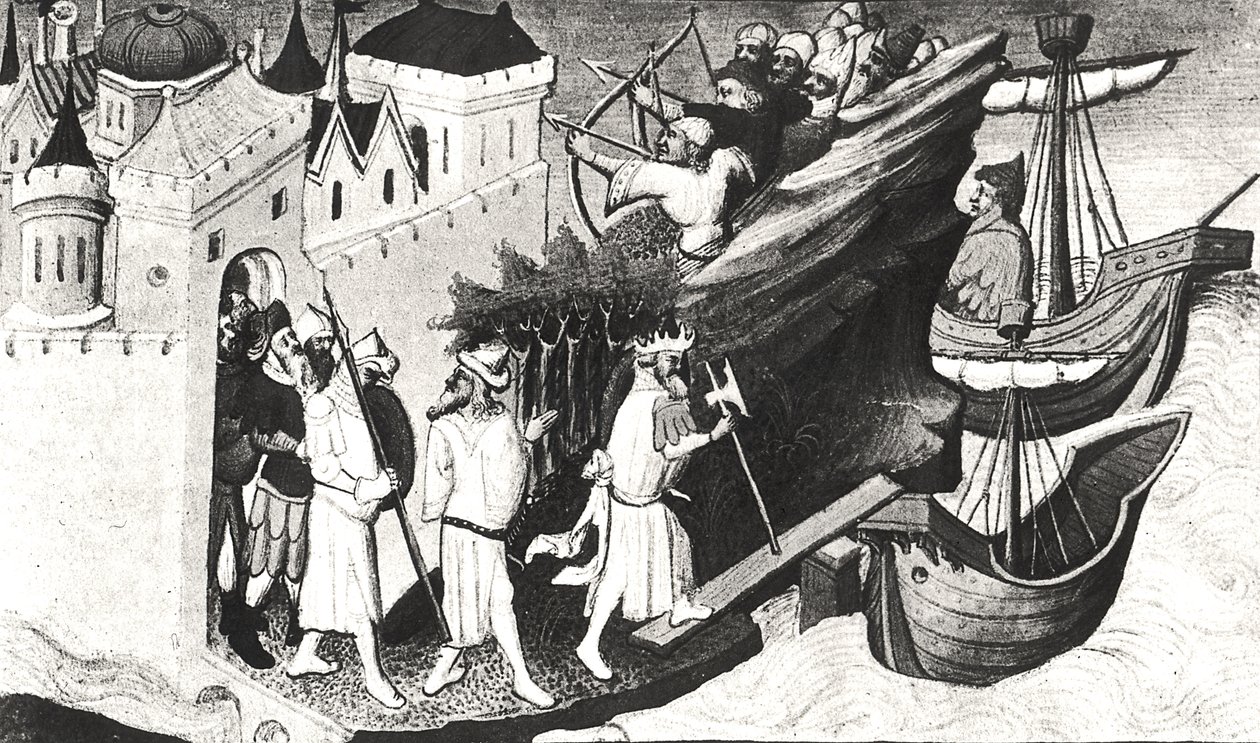 Fr 2810 f.72, Great Khans-soldatene tar øya Sypangu, fra Livre des Merveilles du Monde, ca. 1410-12 (tempera på vellum) (se også 176644) av Boucicaut Master