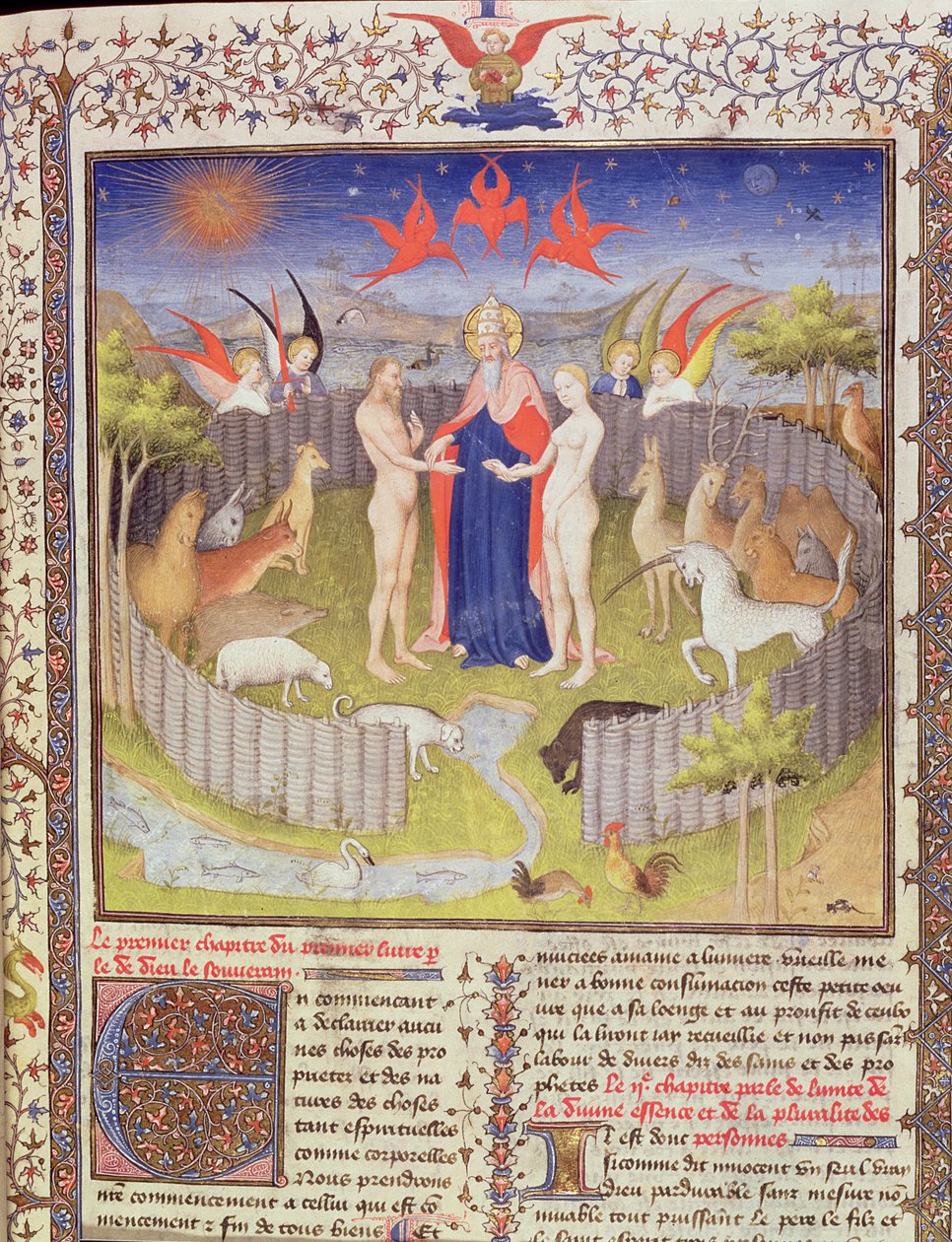 Ms 251, f.16r: Ekteskapet til Adam og Eva fra Des Proprietes De Choses, ca. 1415 bladgull, gullblekk og tempera på pergamentdetalj av 276966 av Boucicaut Master