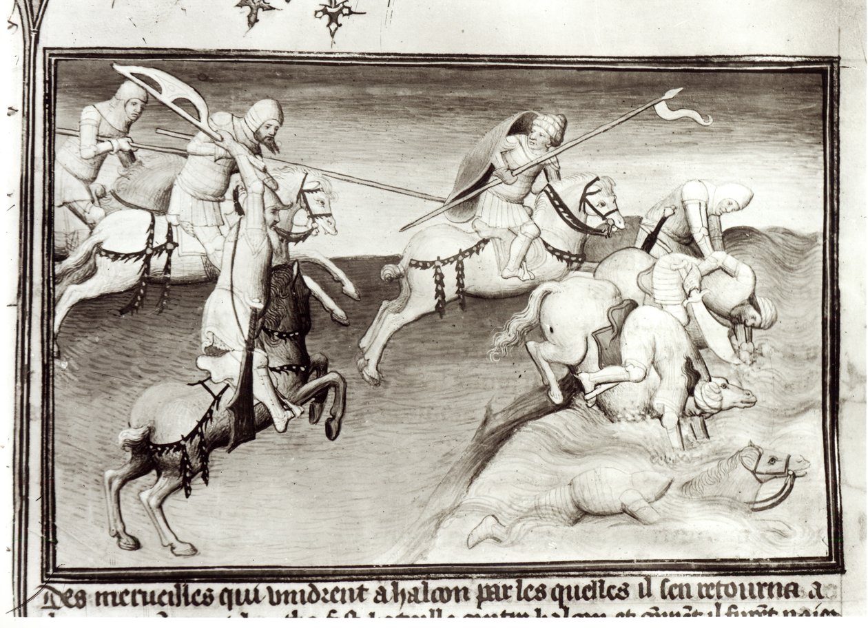Fr 2810 Den mongolske lederen, Hulagu, khan fra Ilkhanate jager sin fetter, Berke, khan fra Kipchak eller Golden Horde i 1262, og tvinger ham inn i en elv, fra Livre des Merveilles du Monde, ca. 1410- av Boucicaut Master