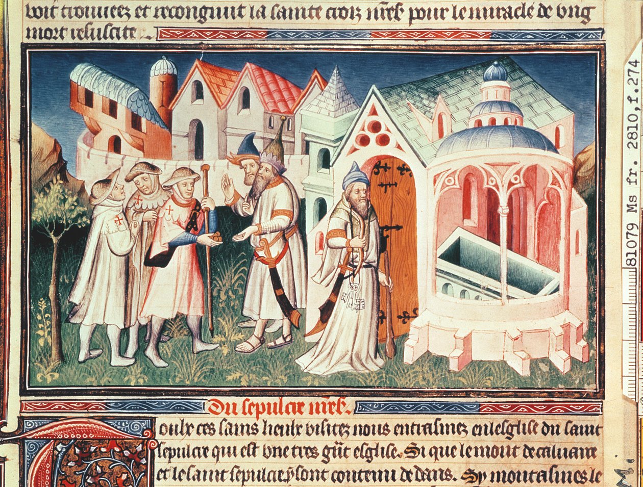 Fr 2810 fol.274, Pilegrimer foran Den hellige gravs kirke i Jerusalem, fra 