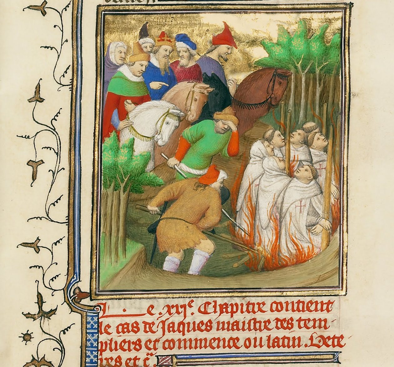 Tempelridderne brant i nærvær av Filip den fagre og hans hoffmenn, ca 1413-1415 av Boucicaut Master,