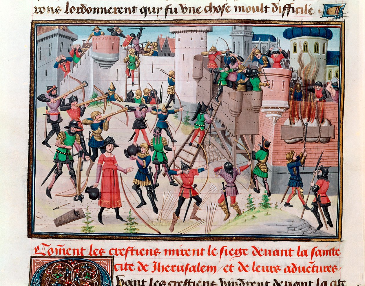 Ms 5089-90 The Siege of Jerusalem av de kristne under et av korstogene, fra Chroniques des empereurs av David Aubert, 1462 av Brabant School