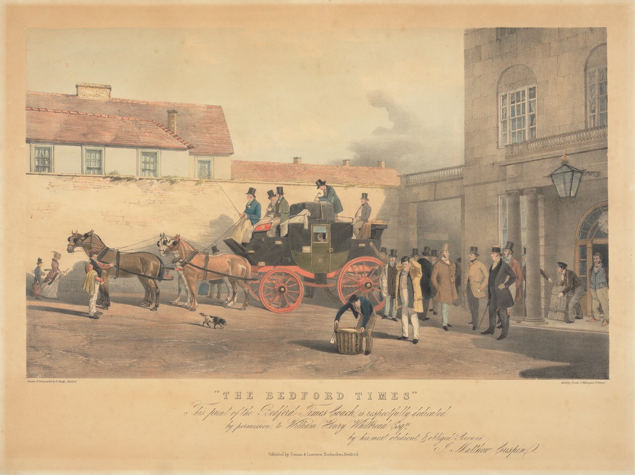 "The Bedford Times" / Dette trykket av Bedford Times Coach, er respektfullt dedikert / med tillatelse, til William Henry Whitbread Esq're. / av sin mest lydige og pliktige tjener / J. Matthew Crispin av Bradford Rudge